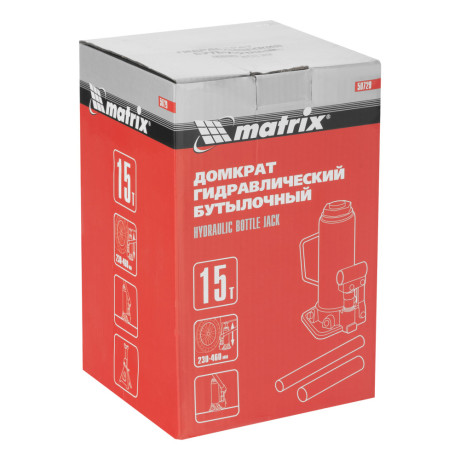 Домкрат гидравлический бутылочный, 15 т, высота подъема 230-460 мм Matrix