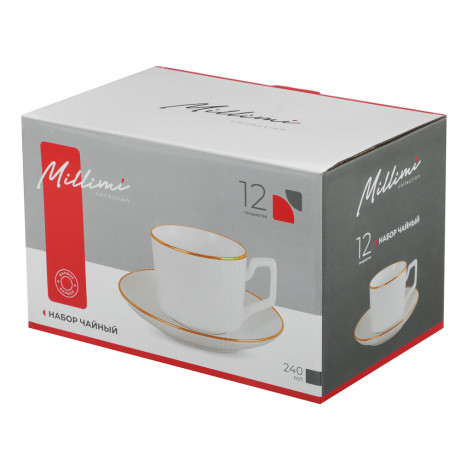 Набор чайный 12 пр., 240мл, MILLIMI, белый с золотой отводкой, фарфор