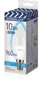 Ergolux ПРОМО свеча C35 E14 10W(960lm 220°) 4500K 4K матовая 102x37 пластик/алюм. LED-C35-10W-E14-4K