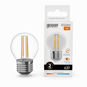 Gauss Elementary Filament Шар Е27 10W(650lm) 2700К 76х45 филамент (нитевидная), прозр 52210