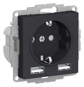 Systeme Electric AtlasDesign мех. сил. роз.+USB роз. 2 мест. карбон A+А lв=1,2-2,4А, Uв=5В ATN001030