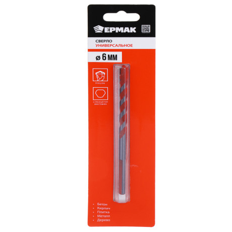 ЕРМАК Сверло универсальное 6мм, 3-хгранный хвостовик, резец bk6, стержень 40Cr