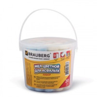 Мел цветной BRAUBERG набор 20шт., д/рисования на асфальте, круглый, пластиковое ведро, 223557