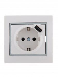 Lezard Мира роз. СУ 1 мест. 16А + USB 2.1A 1 мест. бел. с серой встав.(земля, корп.PC)  701-0215-181