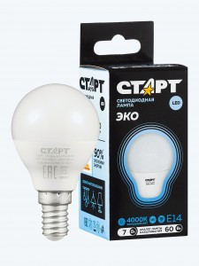 СТАРТ лампа св/д Шар G45 E14 7W(560lm) 4000K 4K 79x45 матов пласт/металл холодный свет WS 17263