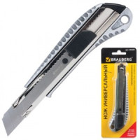 Нож универс. 18 мм BRAUBERG, металлический корпус (рифленый), автофиксатор, блистер, 235401