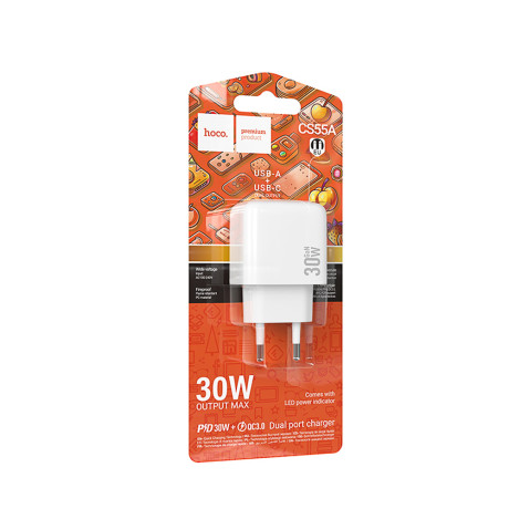 hoco. Зарядное устройство модель CS55A, USB+C 30W, цвет: белый