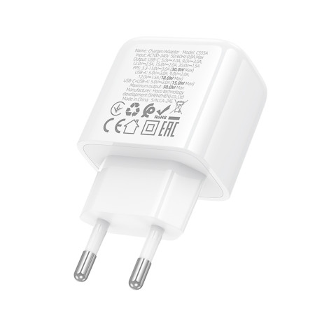 hoco. Зарядное устройство модель CS55A, USB+C 30W, цвет: белый