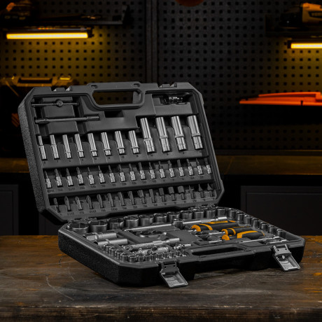 Набор инструментов, 1/2", 1/4", CrV, S2, пластиковый кейс, 94 предмета Denzel