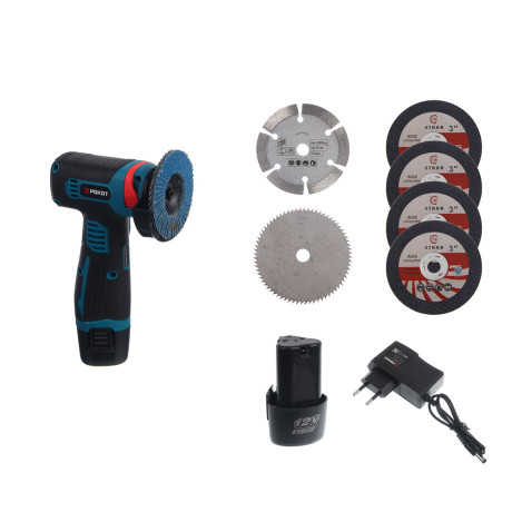 РОКОТ Аккумуляторная мини УШМ 12в, 2акб, пластиковый кейс, зарядное устройство, 7 дисков в компл.