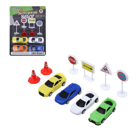 ИГРОЛЕНД Набор машинок дорожный, 10 предметов, PP, 17х24х3см, 3 дизайна