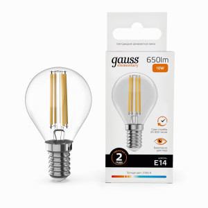 Gauss Elementary Filament Шар Е14 10W(650lm) 2700К 78х45 филамент (нитевидная), прозр 52110
