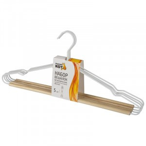 Вешалка-плечики 42см, металл с деревянной перекладиной "Винтаж", 5шт/уп, белый 107895 Рыжий кот