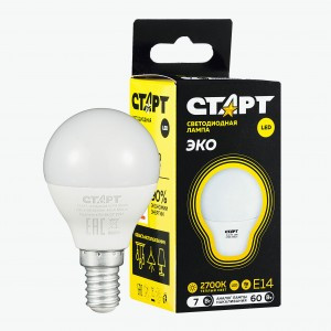 СТАРТ лампа св/д Шар G45 E14 7W(560lm) 2700K 2K 79x45 матов пласт/металл тёплый свет WS 17264