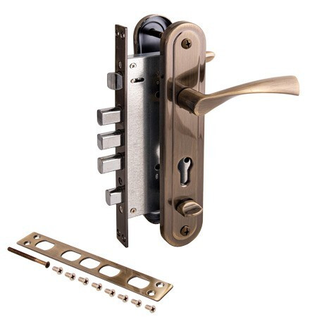 Замок врез Т-0523-С-AB-L AVERS (бронза) с ручками (с задвижкой) б/цил  \10