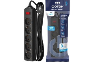 ФОТОН Сетевой фильтр (удл.) ПВС 3x0,75 5роз. 3м. 10А земля, кноп.выкл, негорюч, черный 25378