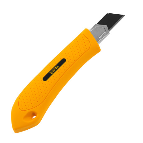 Нож, 18 мм, сменное лезвие, SK4, метал. направляющая, винтовой фиксатор Denzel