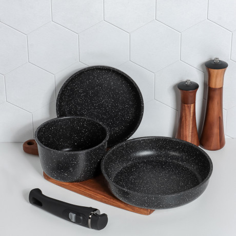 SATOSHI Нера Наб.пос. 4пр съемная ручка, ковш 1,3л, сковороды 20,24см, антиприг.мрамор, индукция