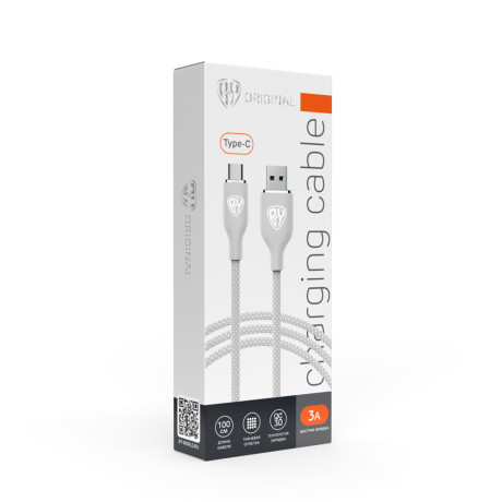 BY Кабель для зарядки Elite Type-C, 3А, 1м, Быстрая зарядка QC3.0, серый