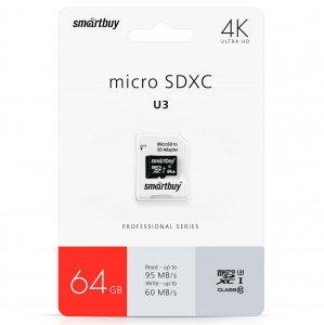 Флэш-карта (памяти) micro SDXC Smartbuy 64GB Class10 PRO,адаптер, (SB64GBSDCL10U3L-01)