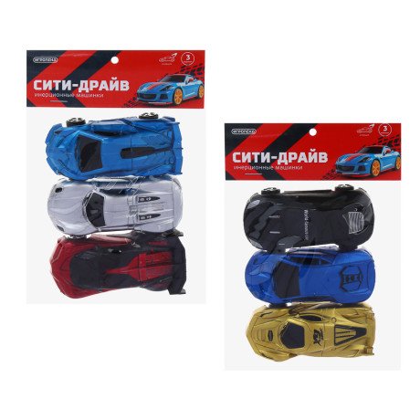 ИГРОЛЕНД Машинки "Сити драйв" 3 шт, инерция, PP, 22х12х3 см, 2 дизайна