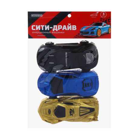ИГРОЛЕНД Машинки "Сити драйв" 3 шт, инерция, PP, 22х12х3 см, 2 дизайна