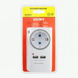 СТАРТ  сет. адаптер-разветв. 1 роз. тип F 16А 2xUSB 2,5А LED-подсв земля шторки SA 1-ZD-2USB-L 10/60
