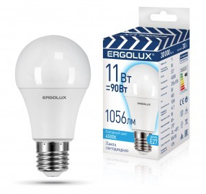 Ergolux ПРОМО ЛОН A60 E27 11W(1056lm 270°) 4500K 4K матовая 106x60 пластик/алюм. LED-A60-11W-E27-4K