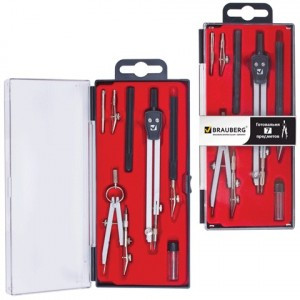 Готовальня BRAUBERG Architect 7предм.: циркуль+кронцирк., рейсфедер+держ., 2вставки, грифель210346