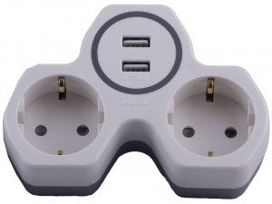 STEKKER разветвитель (тройник) 2роз. 16A 2xUSB 2.4A земля бел./серый ADP16-14-20 32872