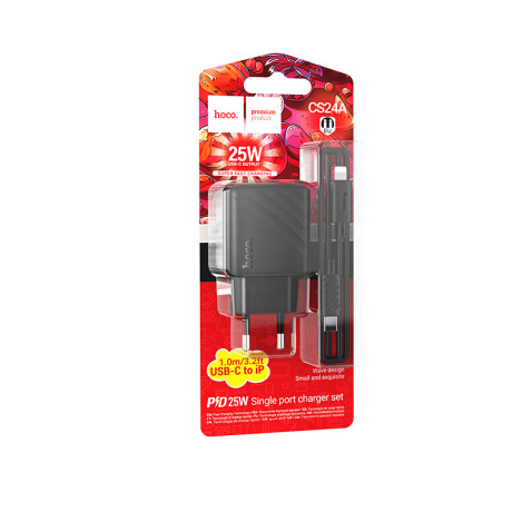 hoco. Зарядное устройство модель CS24A, USB-С 25W + Кабель для зарядки С-IP, цвет: черный