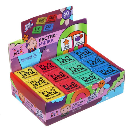 BY FLOMIK Ластик-мялка (меняет форму) 3,8х3,5х0,9см, квадратный, 4 цвета, ТПР, инд. штрихкод