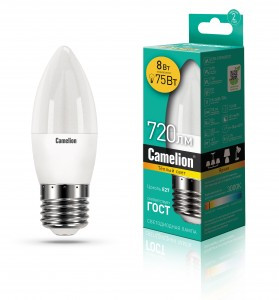 Camelion Свеча E27 8W(720lm 220°) 3000K 2K матов. 106x37 пластик LED8-C35/830/E27