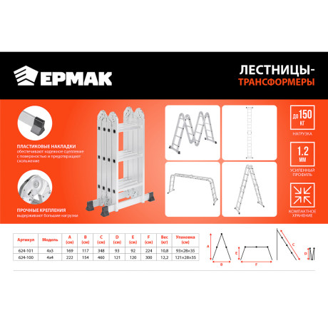 ЕРМАК Лестница-трансформер (макс.нагрузка 150кг) алюминий, 4 секции по 4 ступени,4х4,профиль 1,2мм