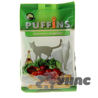 Пуффинс Корм сухой для кошек 400г Кролик и индейка x18