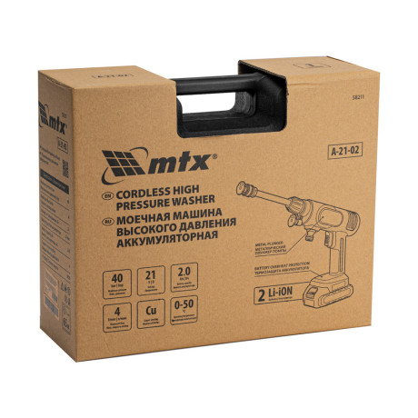 Моечная машина высокого давления аккумуляторная А-21-02, 40 бар, 4 л/мин, Li-ion 21 В, 2 акк.// MTX