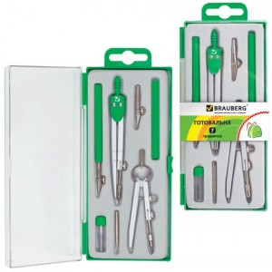 Готовальня BRAUBERG Klasse 7предм.: циркуль+кронцир., рейсфедер+держ., 2вставки, грифель, 210344