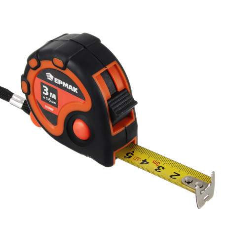 ЕРМАК Рулетка "3 ФИКСАТОРА", 3м х 16мм, 2х-сторонний зацеп, корпус ABS+TPR
