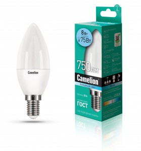 Camelion Свеча E14 8W(750lm 220°) 4500K 4K матов. 106x37 пластик LED8-C35/845/E14