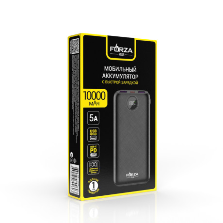 FORZA Аккумулятор мобильный, 10000мАч, Быстрая зарядка QC3.0, PD, 22.5W, 2хUSB-A, 1xType-C