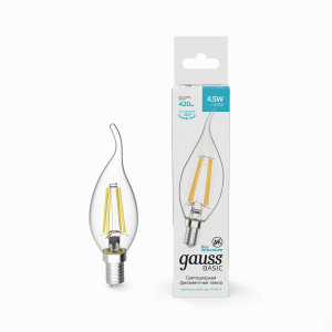 Gauss BASIC Filament Свеча на ветру 4.5W(420lm) 4100K 4K E14 филамент (нитевидная) прозр. 1041125