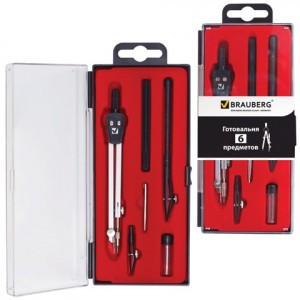 Готовальня BRAUBERG Architect 6предм.: циркуль, рейсфедер+вставка+держ., игол. вставка, гриф. 210342