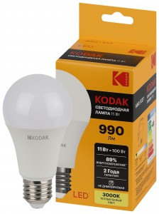 KODAK ЛОН A60 E27 11W (990lm) 3000K 2K 110х60 170-265В A60-11W-830-E27 2 года 57605
