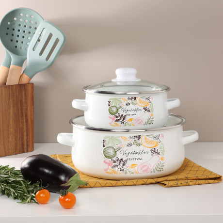 Набор эмалированных кастрюль со стекл. крышками, 4пр. (18/24см, 1,5/4л) "Овощной микс", индукция