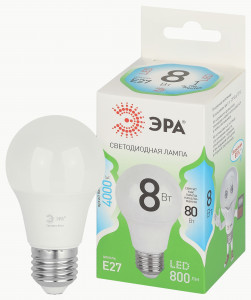 ЭРА GREEN LINE лампа св/д ЛОН E27 A60 8W(800lm) 4000K 4K A60-8W-840-E27 GL 61x140 67139
