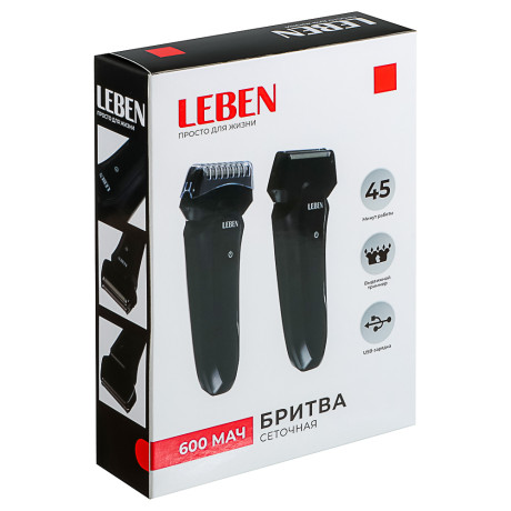 LEBEN Бритва сеточная, с выдвижным триммером, аккумулятор 600 мАч NI-CD (1.2В) с адаптером