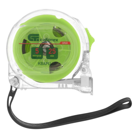 Рулетка Кварц,прозрачный корпус,амортизатор,5 м х 25 мм Сибртех