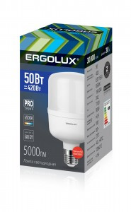 Ergolux высокомощ. E27/E40 50W(5000lm 270°) 6500K 6K матовая 120x212 серия PRO LED-HW-50W-E40-6K