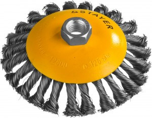 STAYER "PROFESSIONAL". Щетка коническая для УШМ, жгутированная стальная проволока 0,5мм, 125ммхМ14