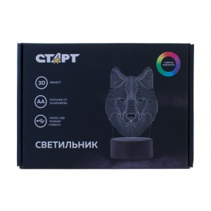 СТАРТ ночник 3D Волк 2W RGB, пластик, сенсор, 21,5x14,5x5,5, microUSB или 3xAAA